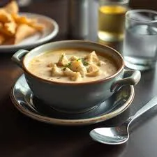 Creamy seafood chowder served in a white bowl with parsley garnish and crusty bread on the side